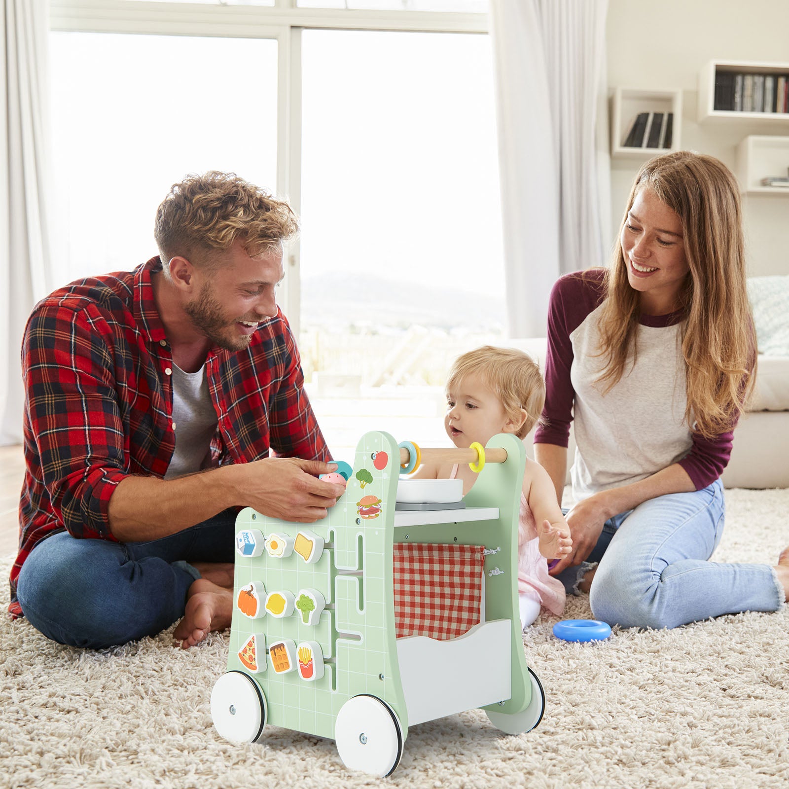 6-in-1 Wooden Baby Stroller Push and Pull Learning Activity Center-Green