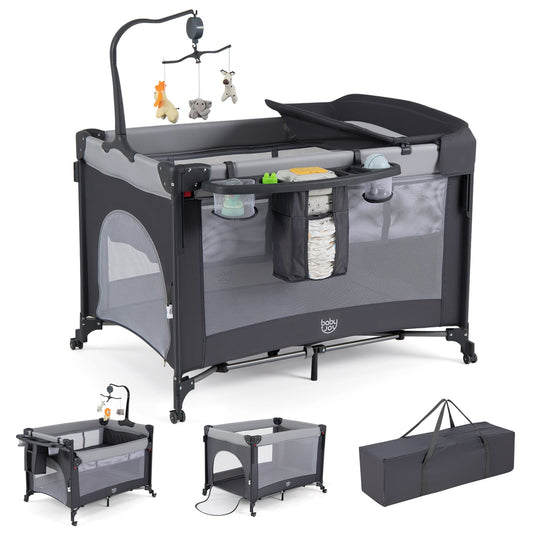 5 in 1 Baby Pack and Play Infant Bedside Sleeper with Mattress-Black