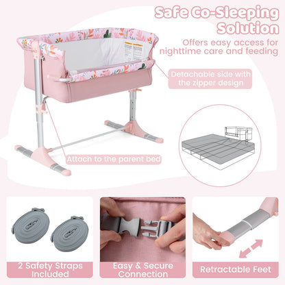Baby Bassinet Crib Bedside Sleeper with Adjustable Height-Pink