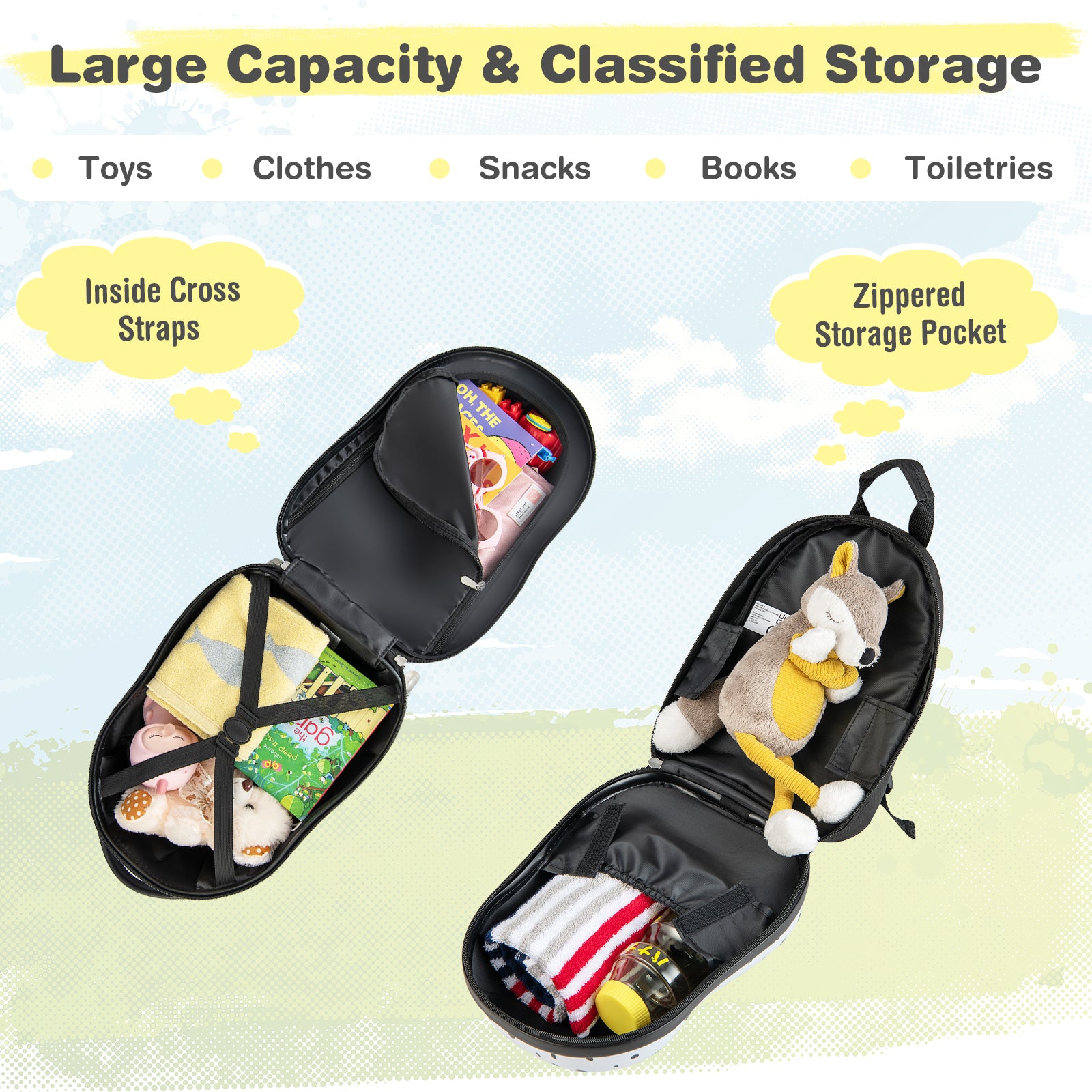 2 Pieces Kids Luggage Set with Wheels and Height Adjustable Handle-White &amp; Black