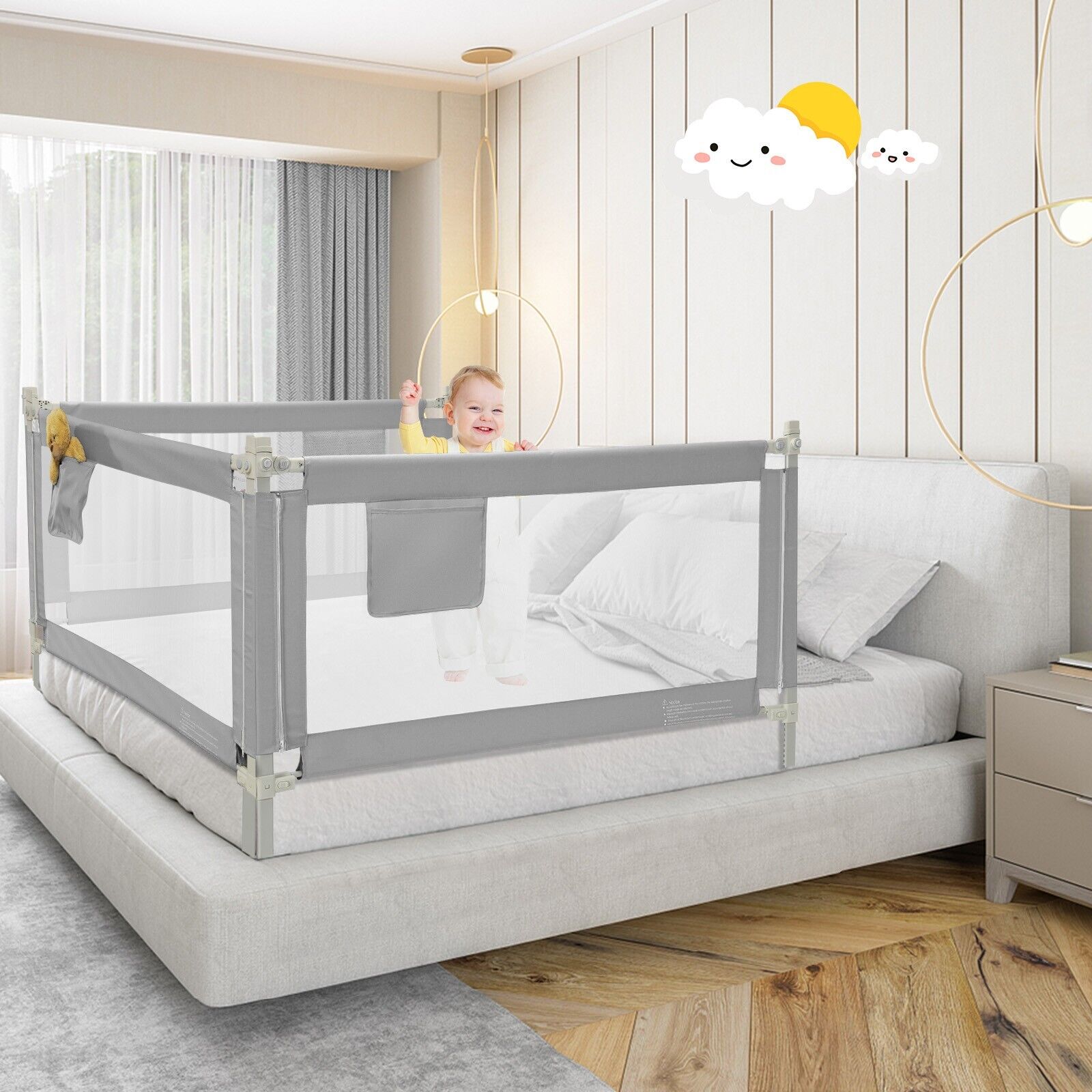 145cm Height Adjustable Bed Rail with Storage Pocket and Safety Lock-Grey