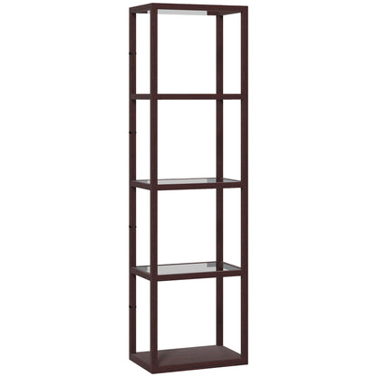 HOMCOM LED Floor Lamp with Glass Shelves, 4 Layers Dimmable Tall Standing Lamp, Modern Column Shelf Floor Light for Living Room, Bedroom, Office, Dark Brown