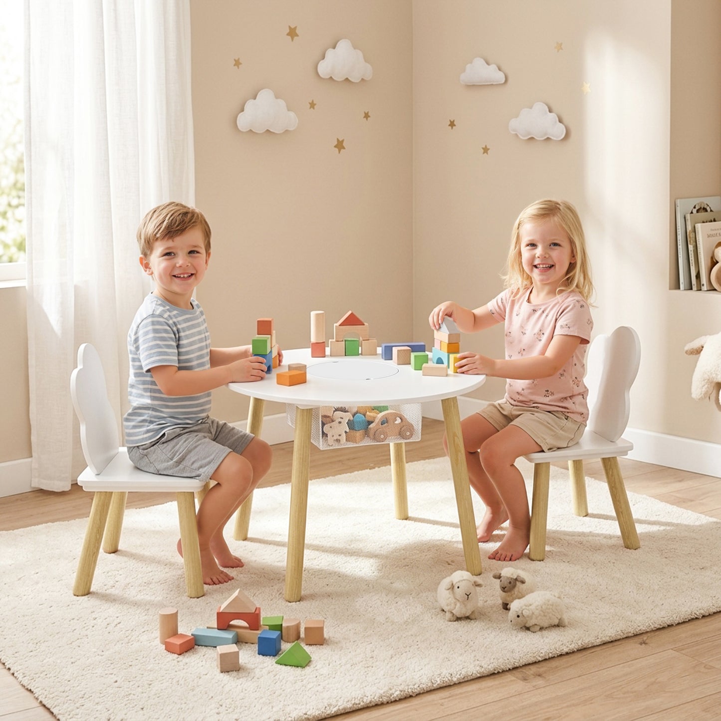 AIYAPLAY Kids Table and Chairs Set with Storage Bag Toddler Table and Chairs Set 3 Piece for Playroom White