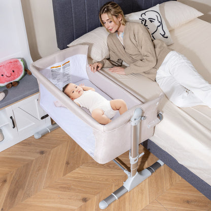 Baby Bassinet Crib Bedside Sleeper with Adjustable Height-Beige