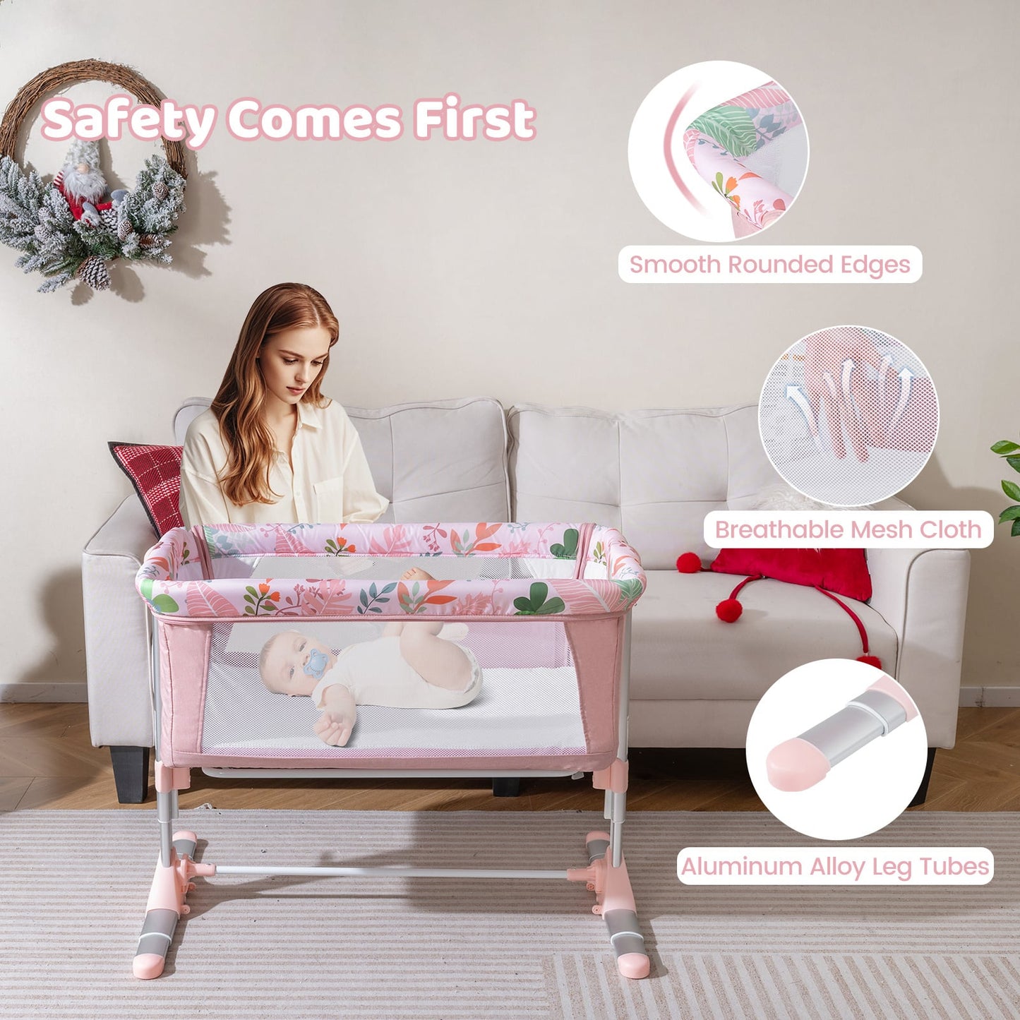 Baby Bassinet Crib Bedside Sleeper with Adjustable Height-Pink