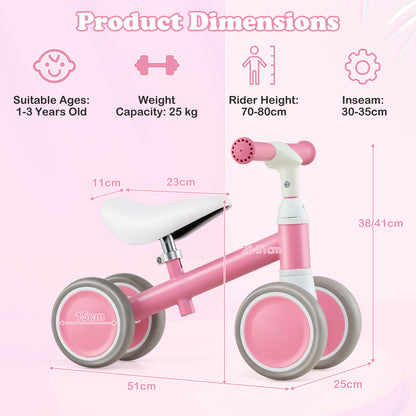 Baby Balance Bike with Height Adjustable Handle and Seat-Pink