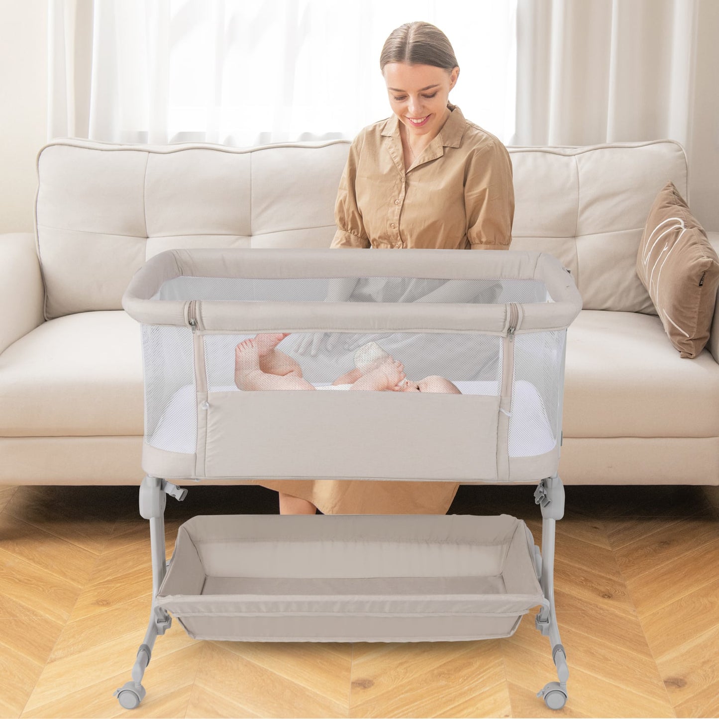 Baby Bassinet Bedside Sleeper with 6-Level Adjustable Height and Storage Shelf-Beige