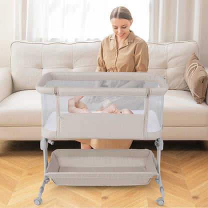 Baby Bassinet Bedside Sleeper with 6-Level Adjustable Height and Storage Shelf-Beige