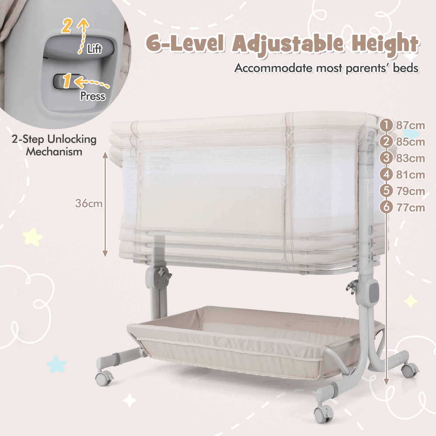 Baby Bassinet Bedside Sleeper with 6-Level Adjustable Height and Storage Shelf-Beige