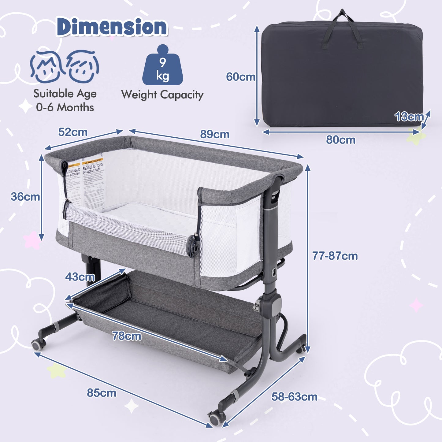 Baby Bassinet Bedside Sleeper with 6-Level Adjustable Height and Storage Shelf-Dark Grey