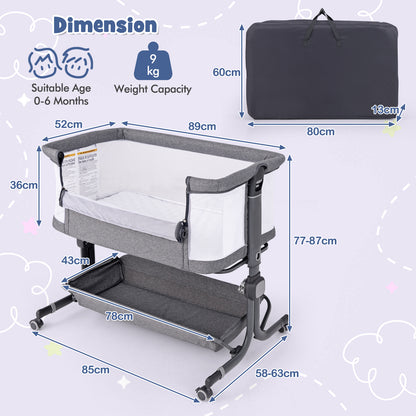Baby Bassinet Bedside Sleeper with 6-Level Adjustable Height and Storage Shelf-Dark Grey