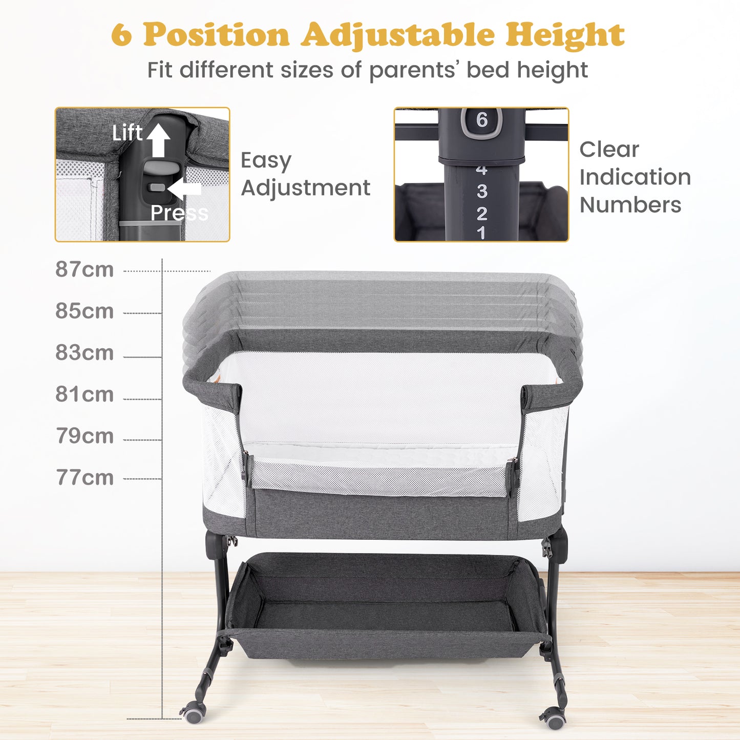 Baby Bassinet Bedside Sleeper with 6-Level Adjustable Height and Storage Shelf-Grey