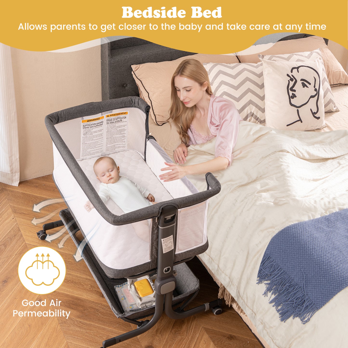 Baby Bassinet Bedside Sleeper with 6-Level Adjustable Height and Storage Shelf-Grey
