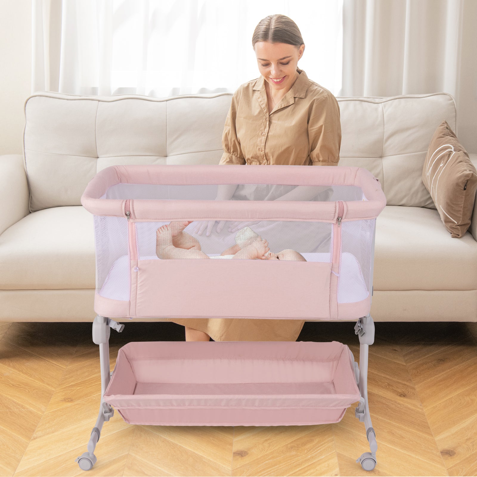 Baby Bassinet Bedside Sleeper with 6-Level Adjustable Height and Storage Shelf-Pink