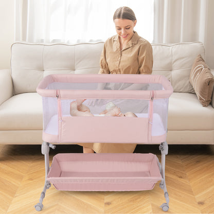 Baby Bassinet Bedside Sleeper with 6-Level Adjustable Height and Storage Shelf-Pink
