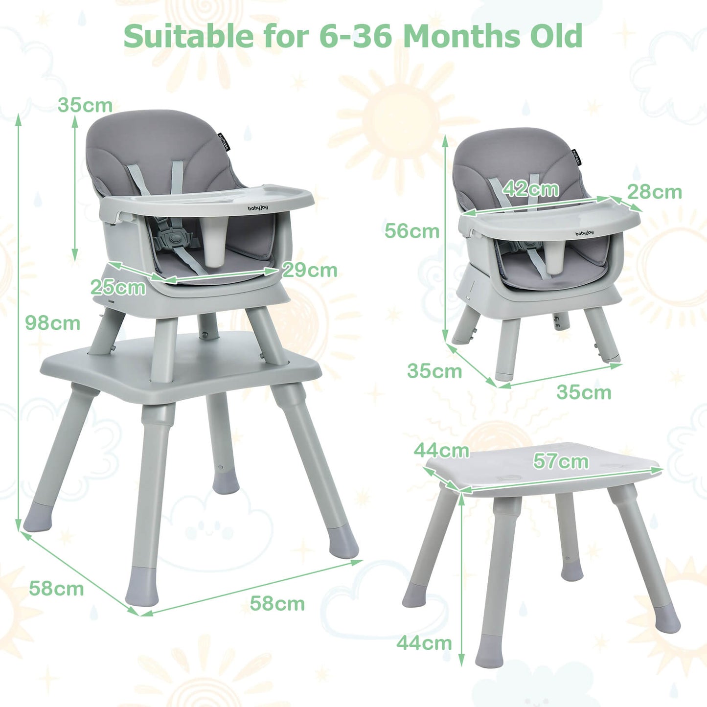 6-in-1 Baby High Chair with 5-Point Harness and Removable Tray-Gray