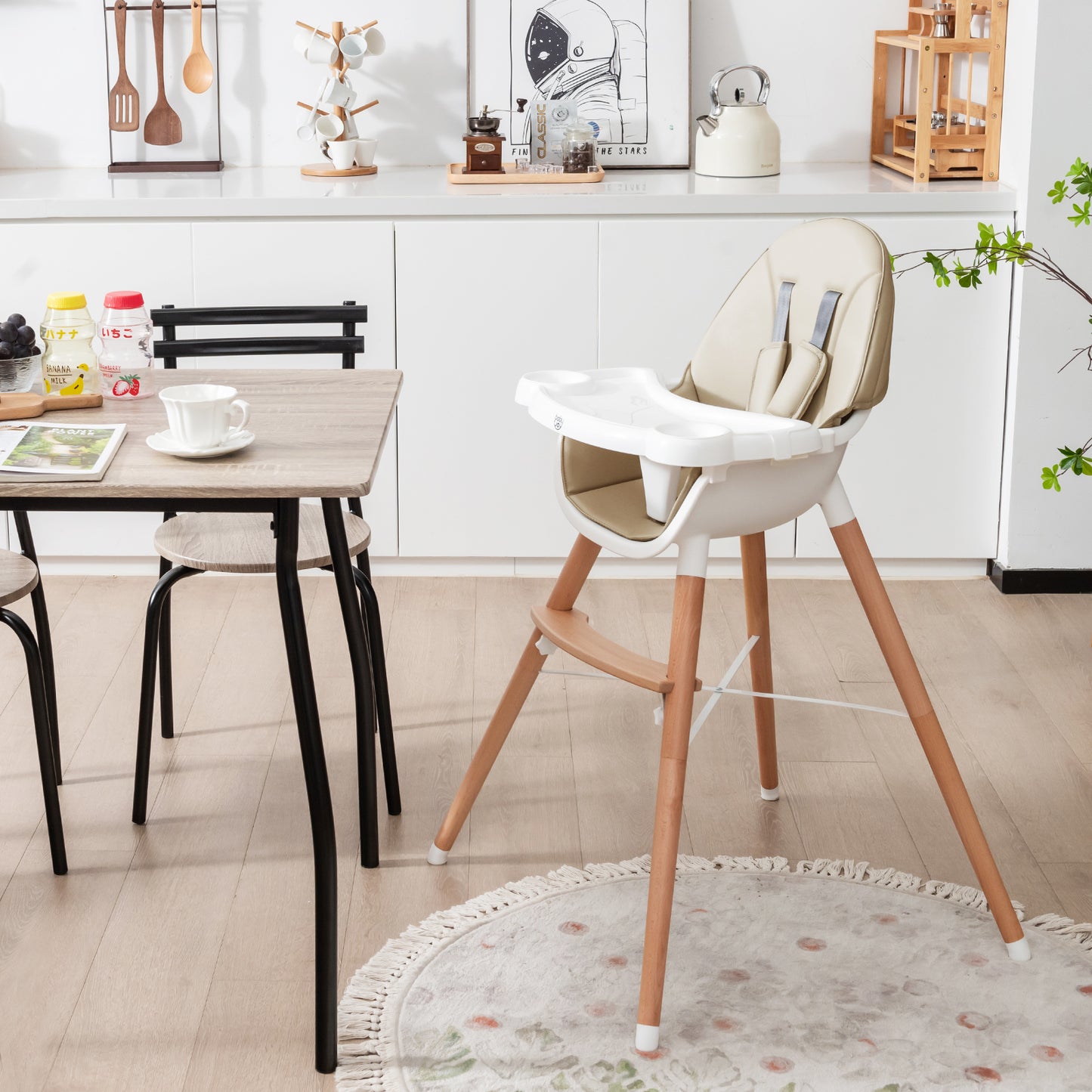 Baby High Chair with Double 4-Gear Tray and 5 Point Harness-Beige
