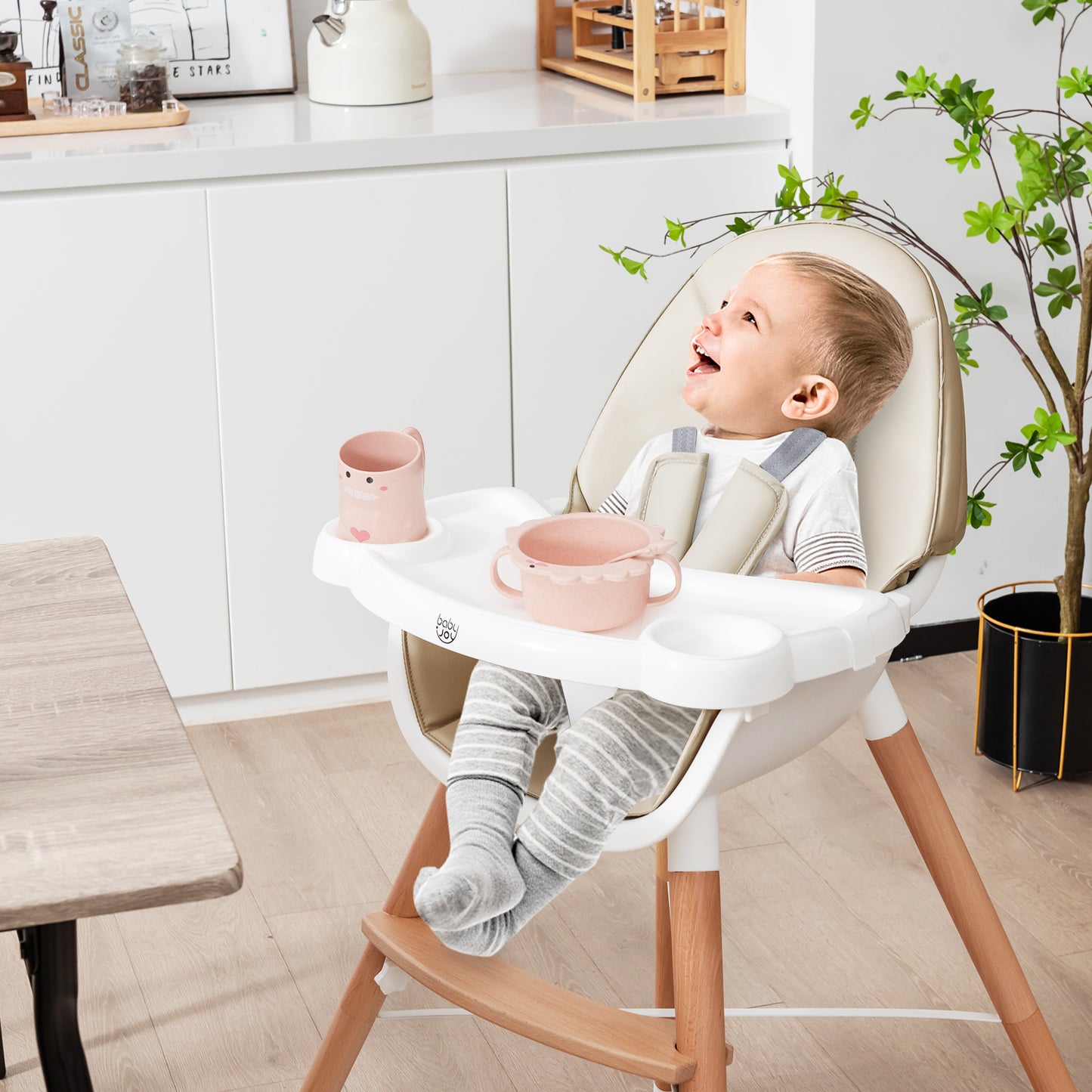 Baby High Chair with Double 4-Gear Tray and 5 Point Harness-Beige