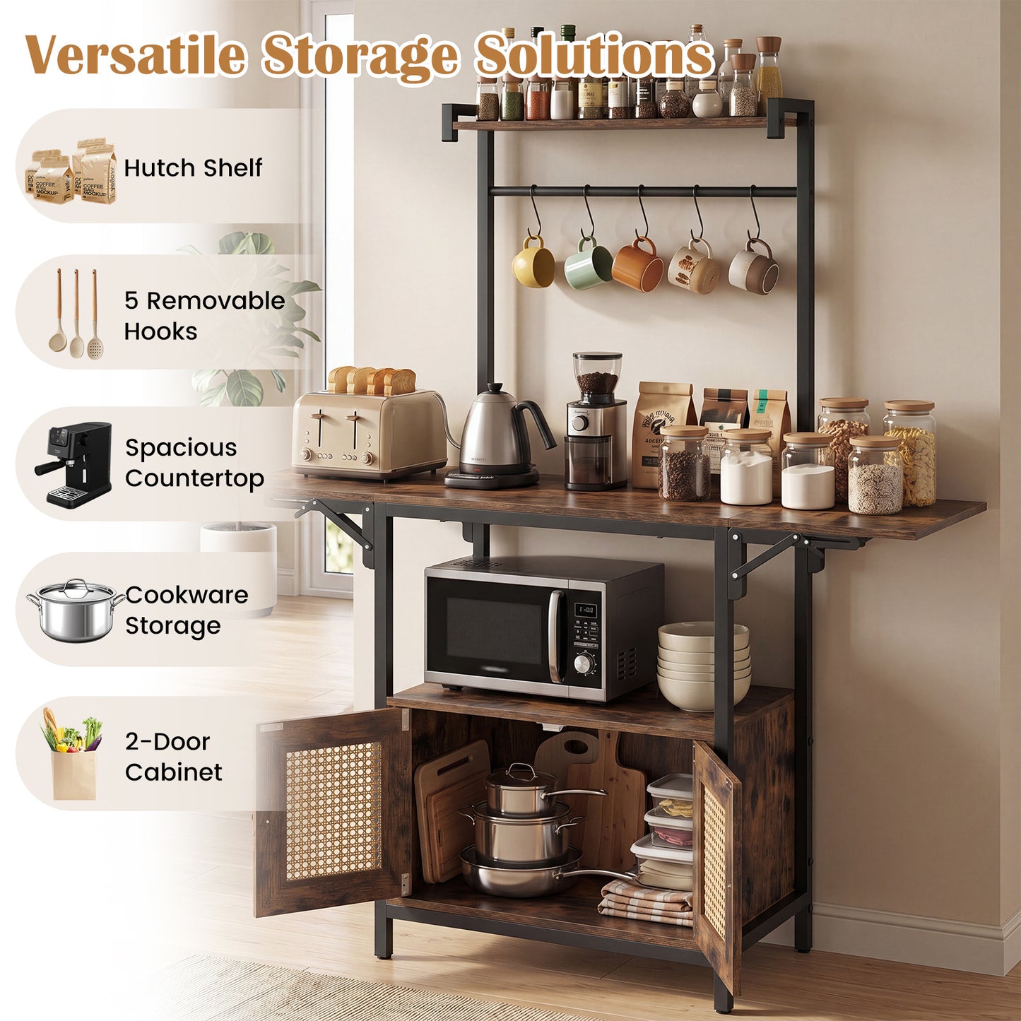 Bakers Rack with Power Outlets and Microwave Stand Drop Leaf-Rusticbrown