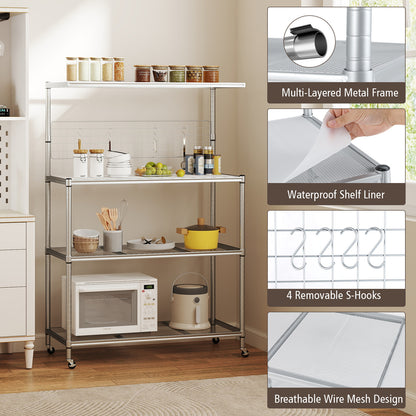 Bakers Rack on Wheels with Adjustable Shelves and Shelf Liner-Silver