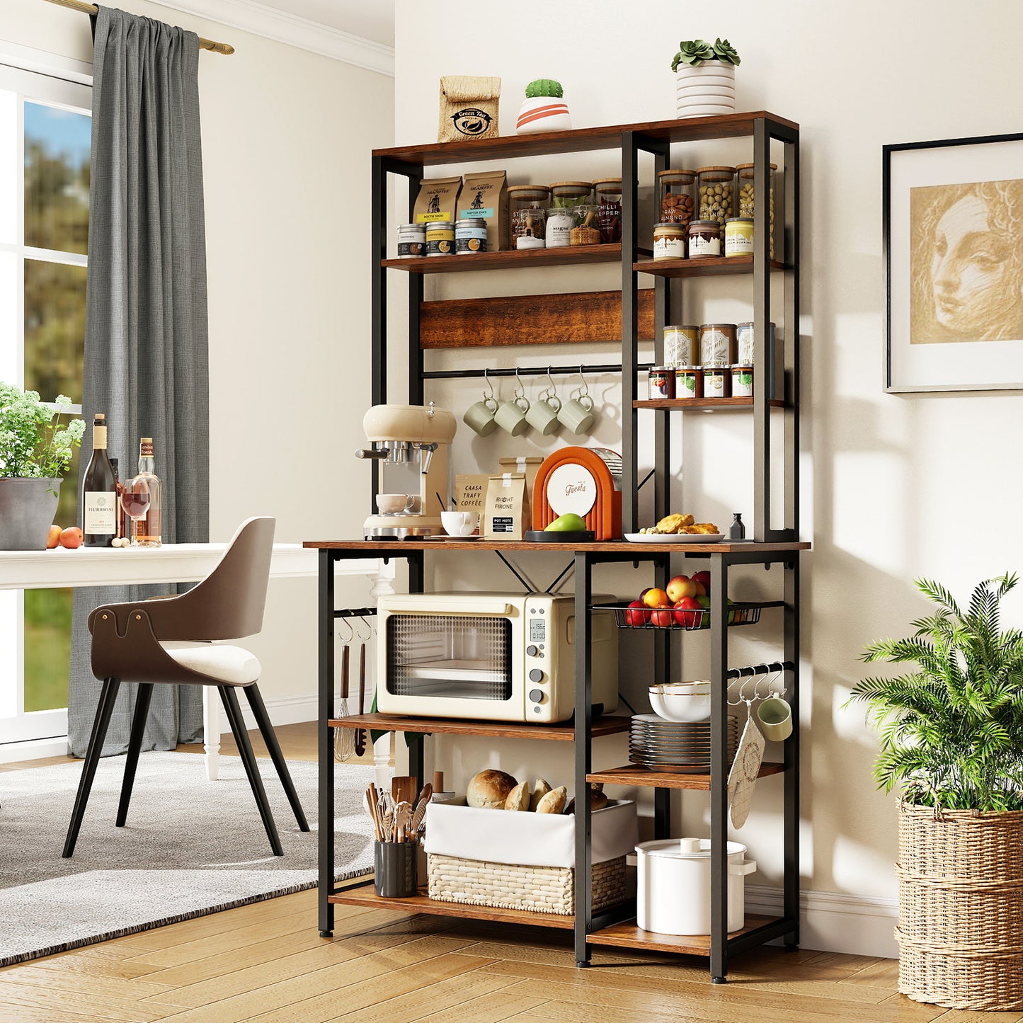 Bakers Rack with Power Outlet 9-Tier Microwave Stand with Wooden Open Shelves-Rustic Brown