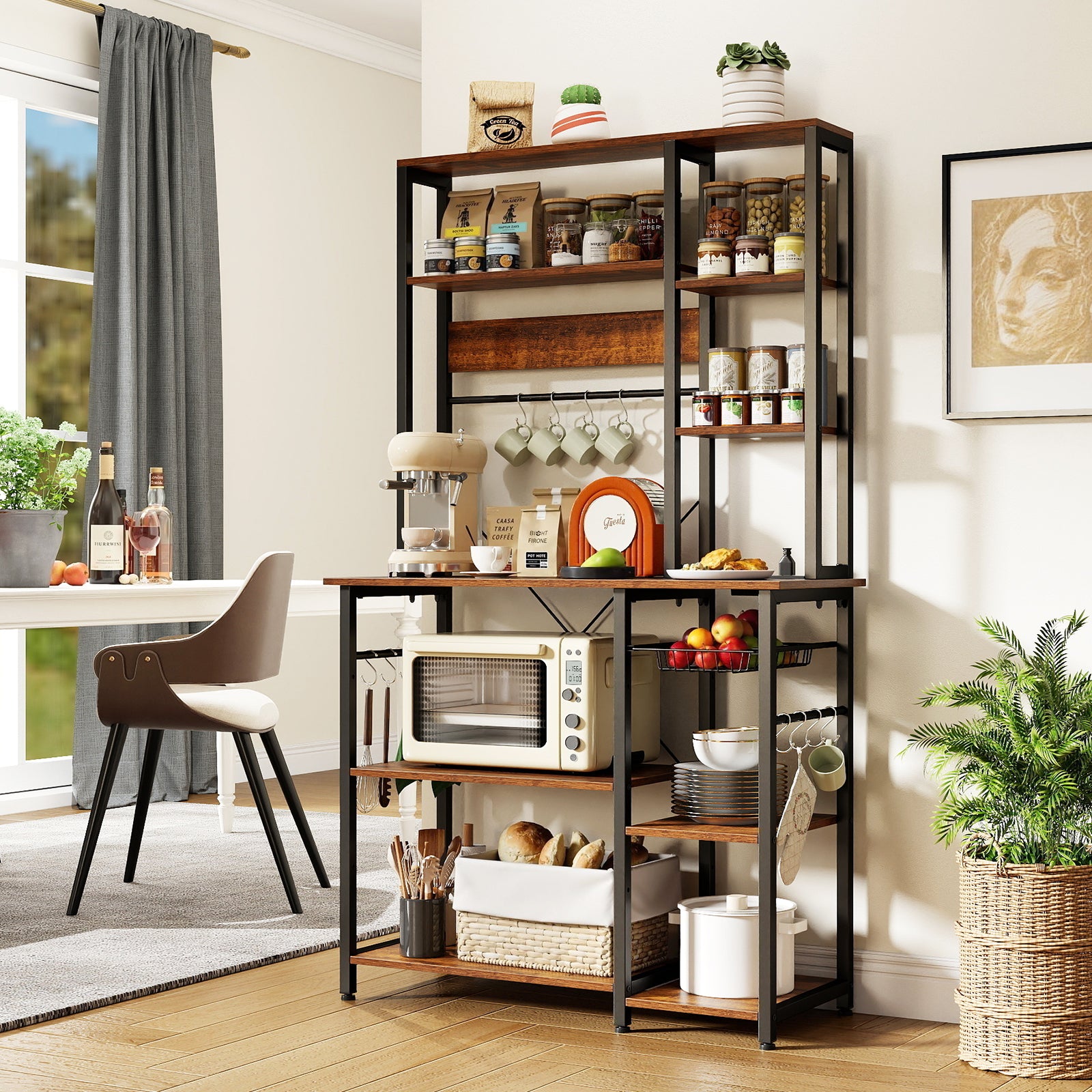 Bakers Rack with Power Outlet 9-Tier Microwave Stand with Wooden Open Shelves-Rustic Brown