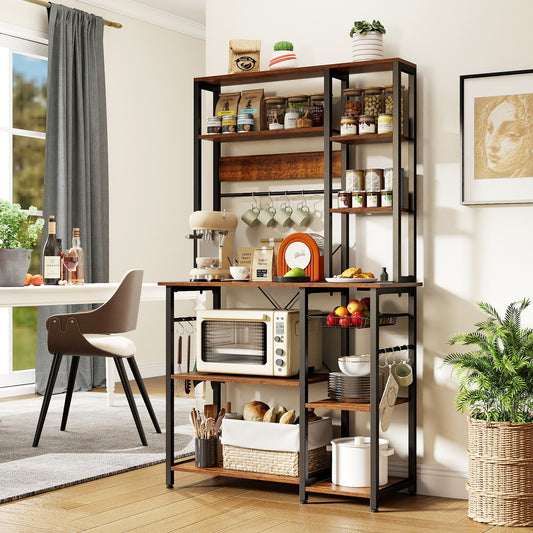 Bakers Rack with Power Outlet 9-Tier Microwave Stand with Wooden Open Shelves-Rustic Brown