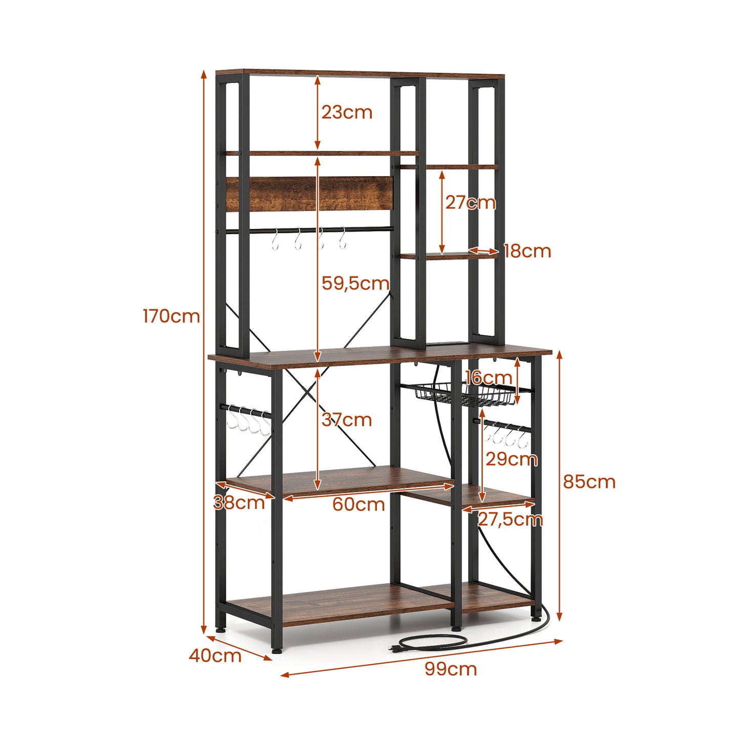Bakers Rack with Power Outlet 9-Tier Microwave Stand with Wooden Open Shelves-Rustic Brown