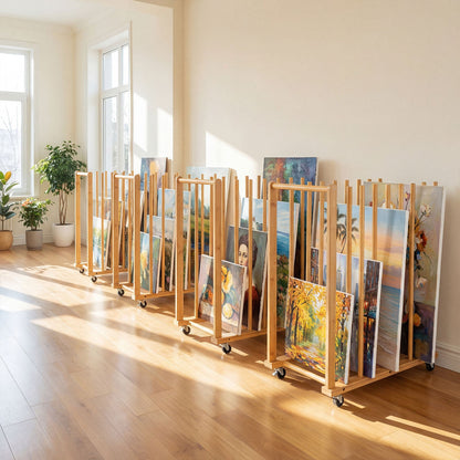 Bamboo Art Storage Rack with 4 Wheels and Side Handle for Canvases and Frames-Natural