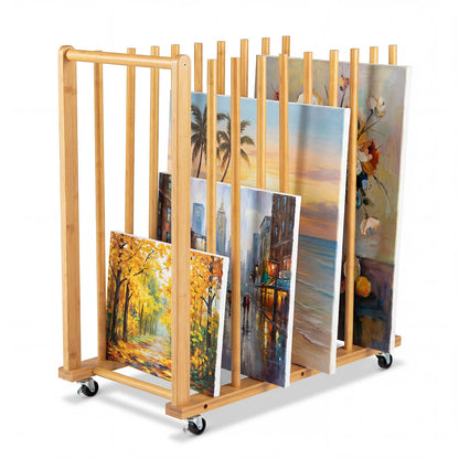 Bamboo Art Storage Rack with 4 Wheels and Side Handle for Canvases and Frames-Natural