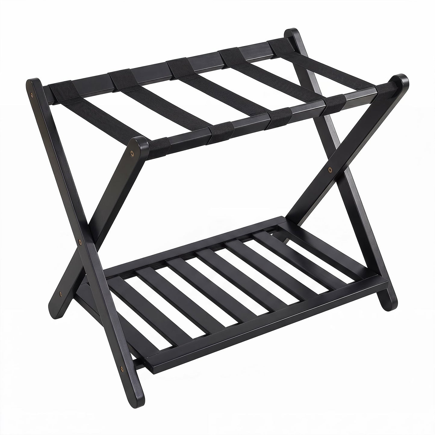 Bamboo Folding Luggage Rack with Straps and Storage Shelves for Guest Room-Black