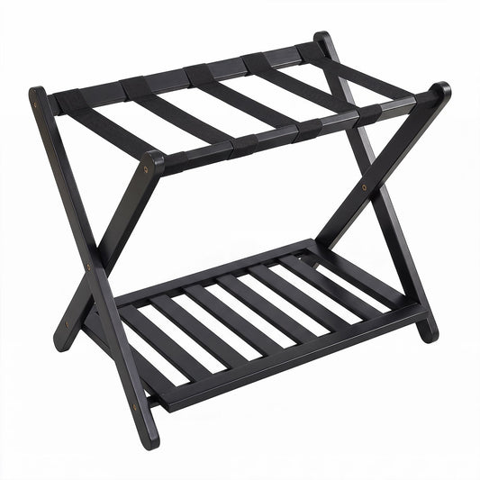 Bamboo Folding Luggage Rack with Straps and Storage Shelves for Guest Room-Black