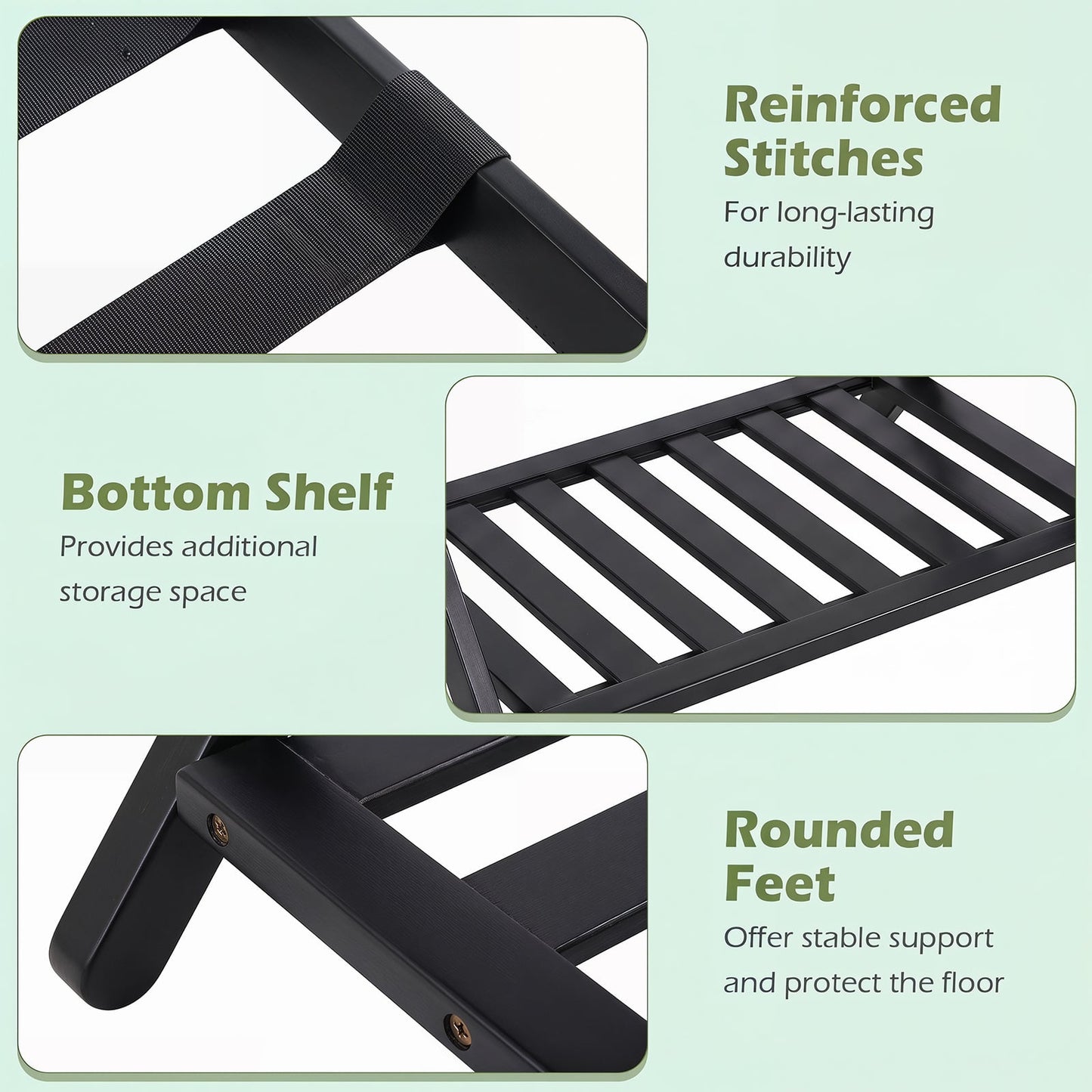 Bamboo Folding Luggage Rack with Straps and Storage Shelves for Guest Room-Black