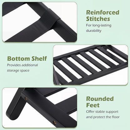 Bamboo Folding Luggage Rack with Straps and Storage Shelves for Guest Room-Black