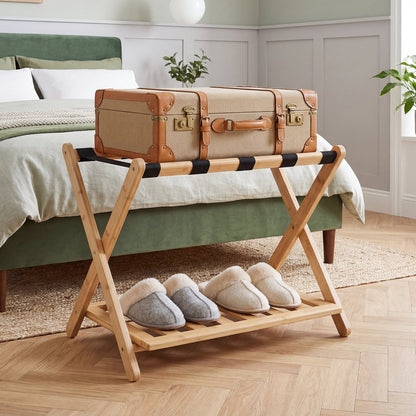 Bamboo Folding Luggage Rack with Straps and Storage Shelves for Guest Room-Natural
