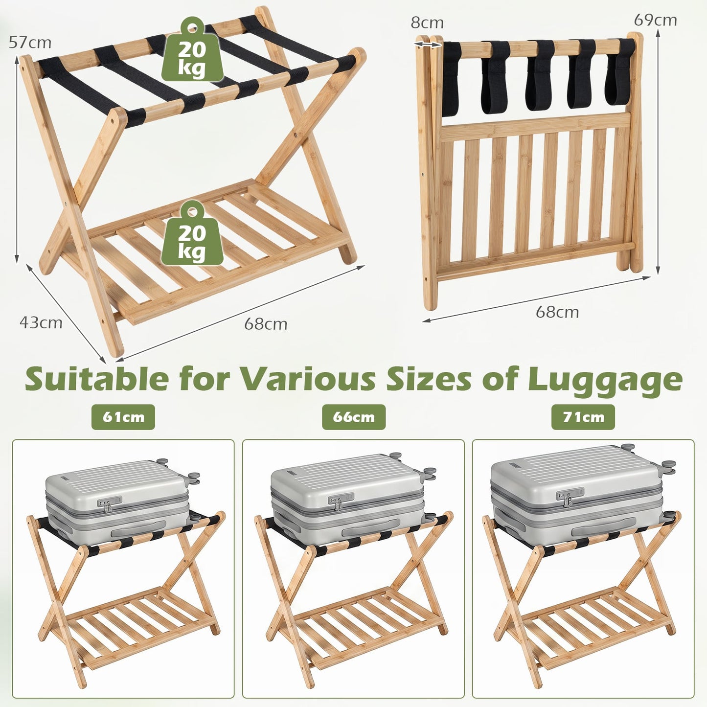 Bamboo Folding Luggage Rack with Straps and Storage Shelves for Guest Room-Natural