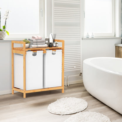 Bamboo Laundry Hamper with Dual Compartments and Removable Sliding Bags-White