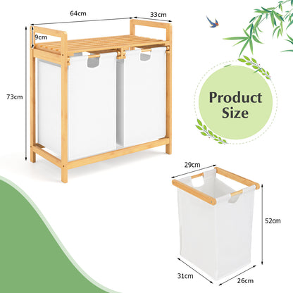 Bamboo Laundry Hamper with Dual Compartments and Removable Sliding Bags-White