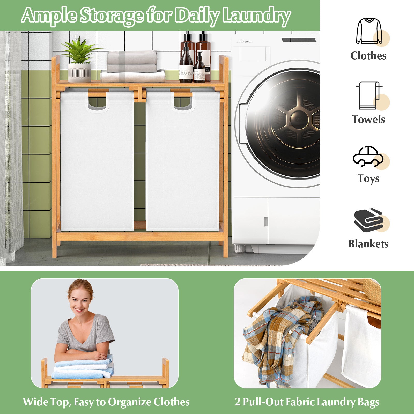 Bamboo Laundry Hamper with Dual Compartments and Removable Sliding Bags-White