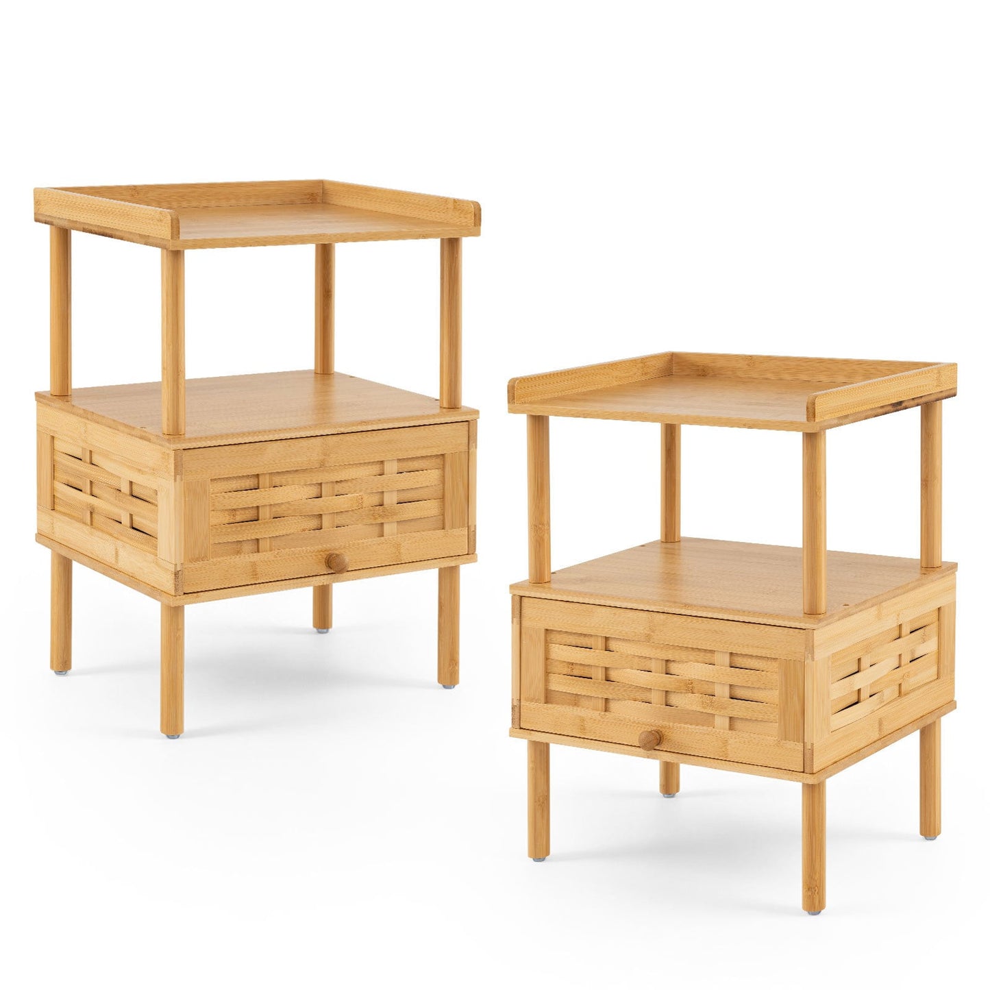 Bamboo Rattan Nightstand with Raised Edge Flip-Up Door and Open Shelf-Natrual