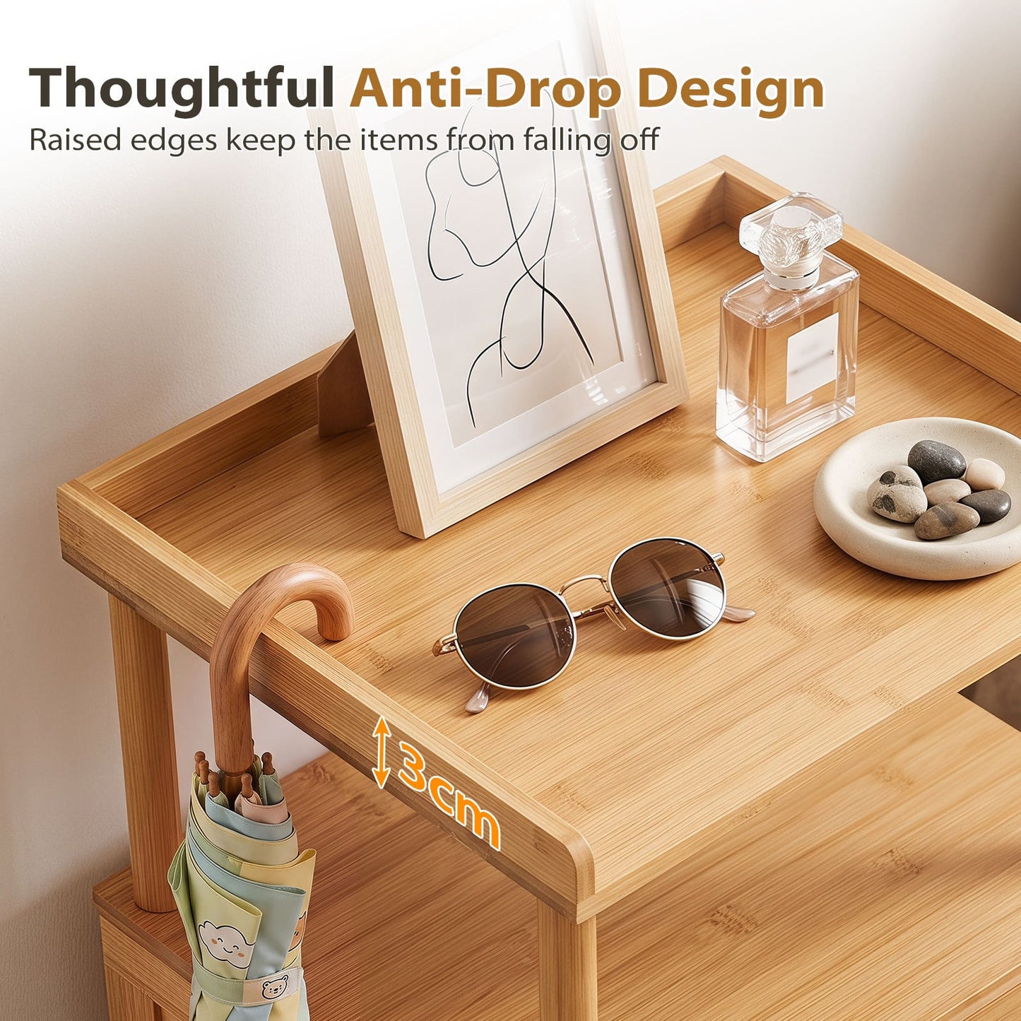Bamboo Rattan Nightstand with Raised Edge Flip-Up Door and Open Shelf-Natrual