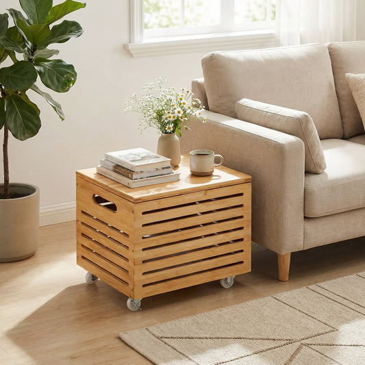Bamboo Rolling Storage Box with 4 Wheels and Lid for Home-Natural