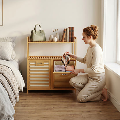 Bamboo laundry basket with Handles and Removable Liner Bags-Natural