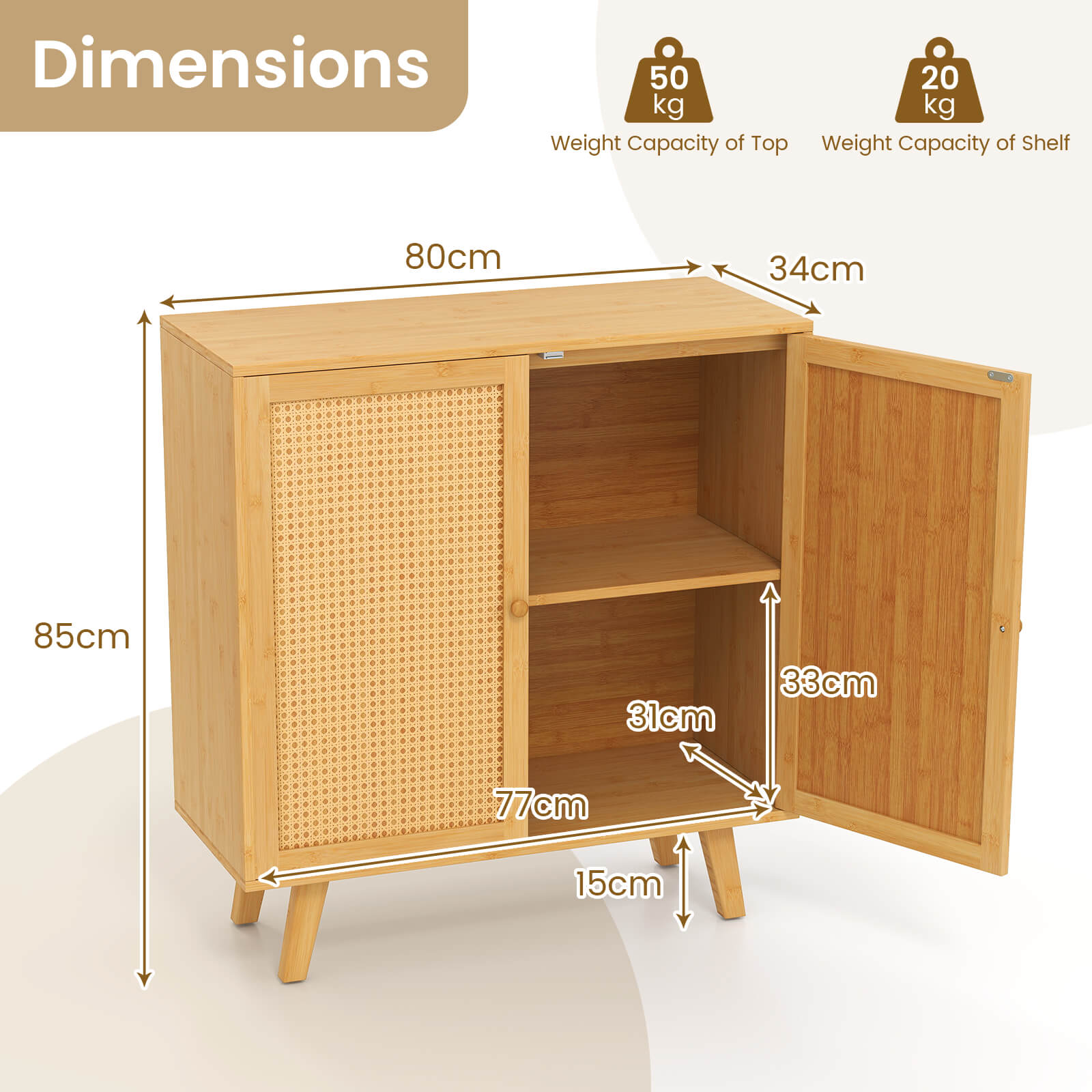 Bamboo Buffet Cabinet Sideboard with PE Rattan Doors-Natural