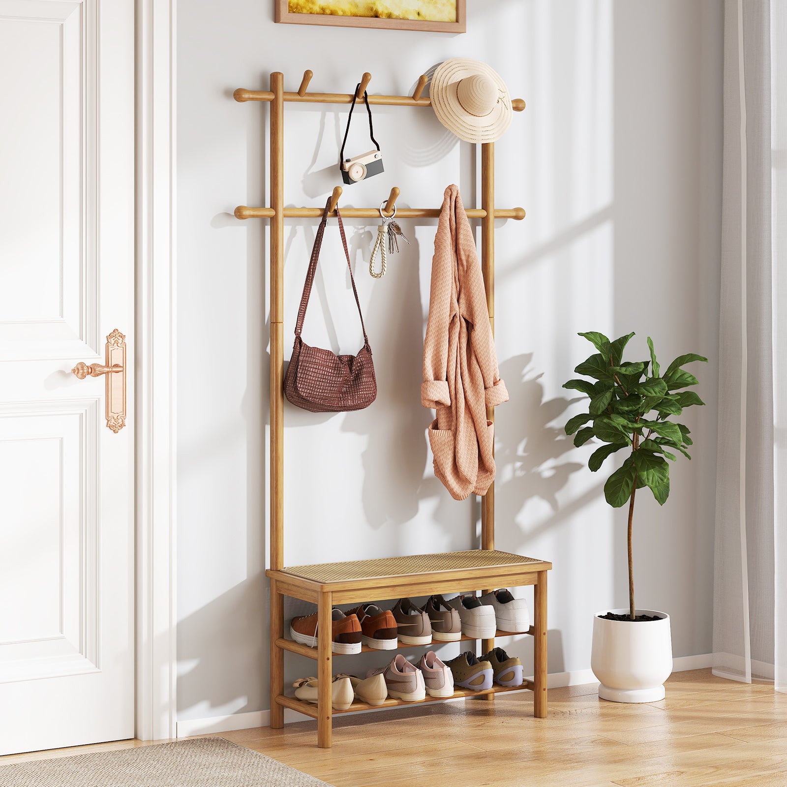 Bamboo Coat Rack PE Rattan Hall Tree with Bench and Shoe Storage-Natural