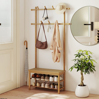 Bamboo Coat Rack PE Rattan Hall Tree with Bench and Shoe Storage-Natural