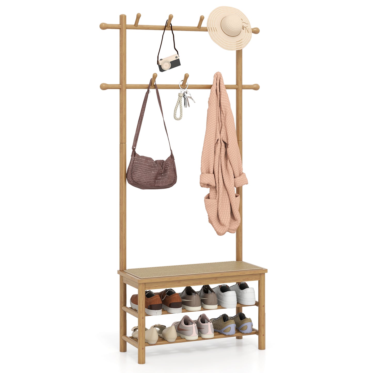 Bamboo Coat Rack PE Rattan Hall Tree with Bench and Shoe Storage-Natural