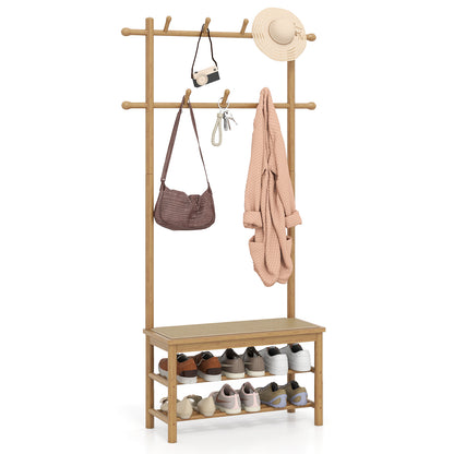 Bamboo Coat Rack PE Rattan Hall Tree with Bench and Shoe Storage-Natural