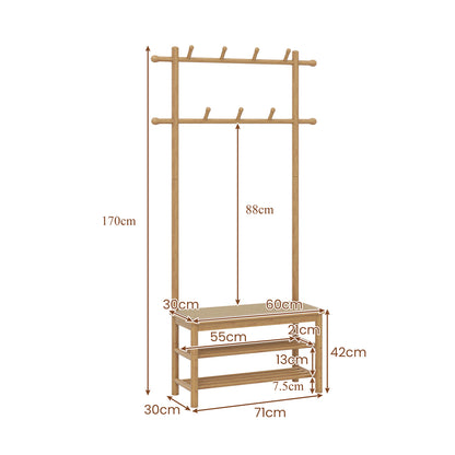 Bamboo Coat Rack PE Rattan Hall Tree with Bench and Shoe Storage-Natural