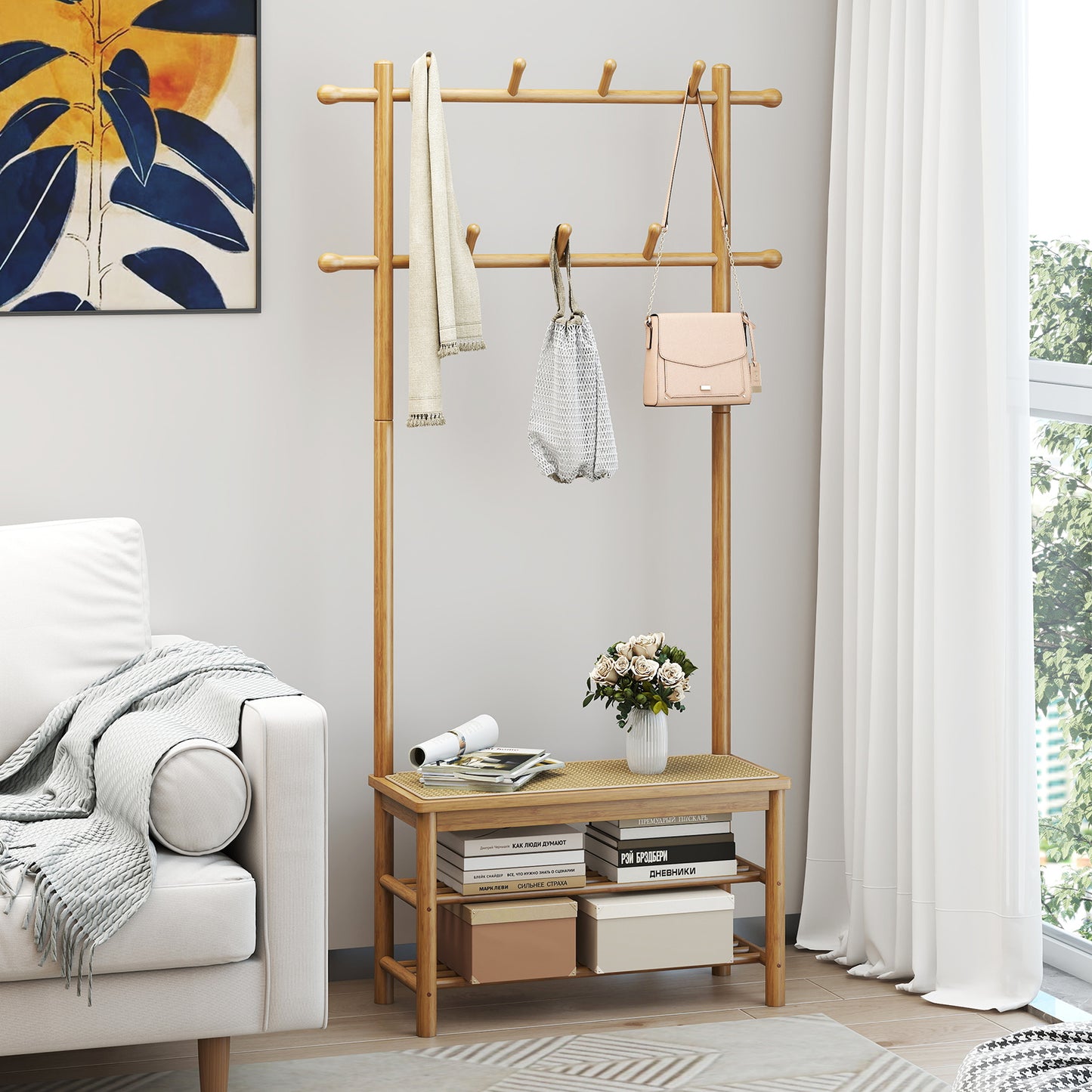 Bamboo Coat Rack PE Rattan Hall Tree with Bench and Shoe Storage-Natural